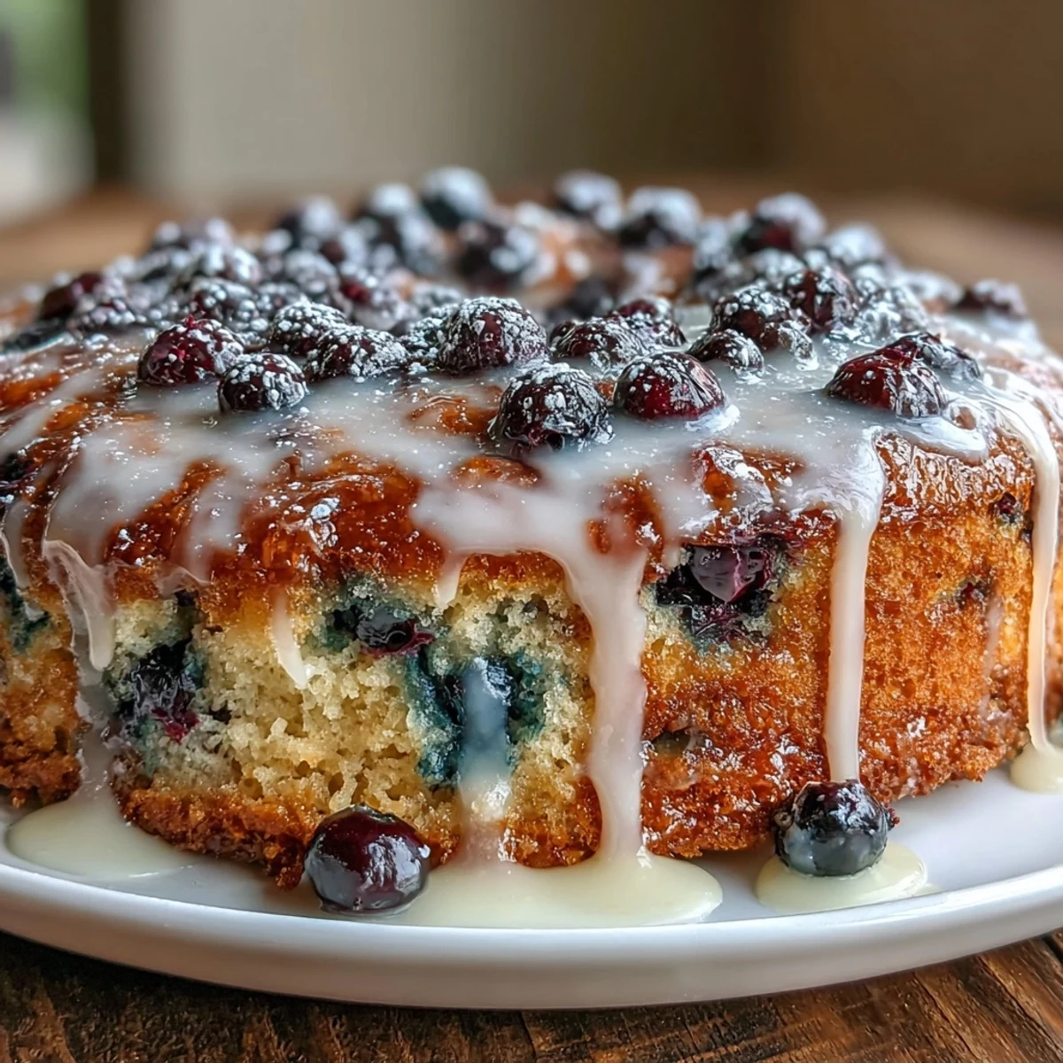 A rustic sourdough skillet cake bursting with fresh blueberries and zesty lemon, finished with a sweet, glossy icing drizzle.