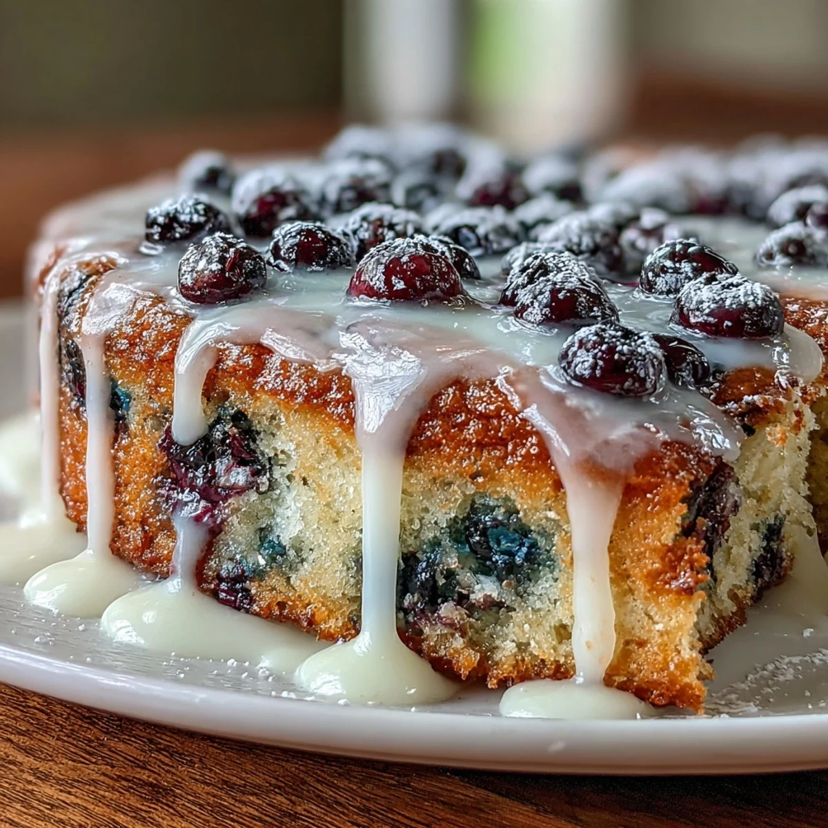 Moist sourdough cake with vibrant blueberries and citrusy lemon, served in a cast iron skillet with a drizzle of lemon icing.