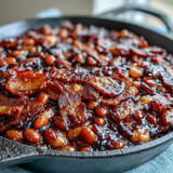Smoky molasses Juneteenth BBQ baked beans, a hearty side dish ready to serve.