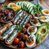 Artfully arranged Tinned Fish Brunch Board with jammy eggs and accompaniments.