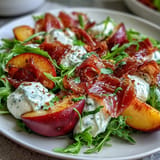A beautifully plated Peach Burrata Prosciutto Salad with fresh, vibrant summer flavors.