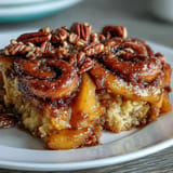 Golden baked Peach Cobbler Cinnamon Roll Casserole, drizzled with sweet icing.