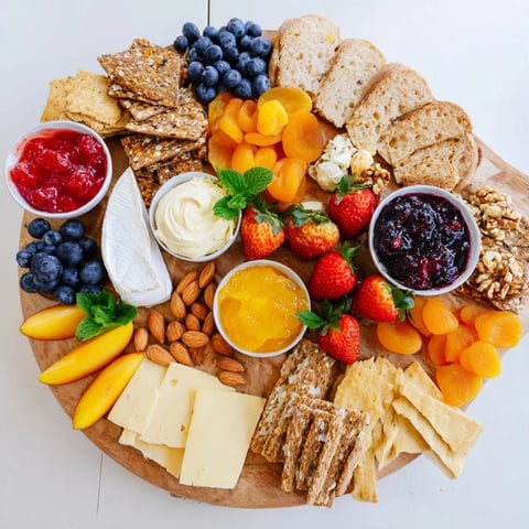 A colorful jam-infused brunch board with cheeses and fresh fruits displayed beautifully.  