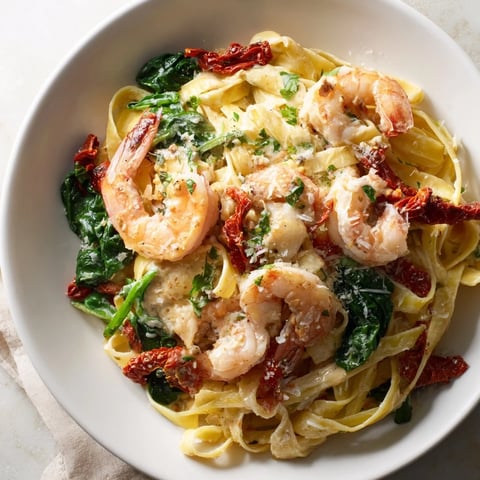 Tuscan Garlic Shrimp Pasta: a creamy, inviting plate with succulent shrimp and rich parmesan sauce.