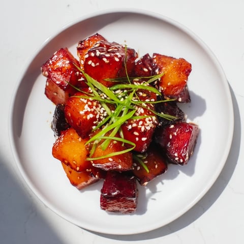 Golden brown, caramelized Miso Roasted Winter Vegetables, beautifully glazed and ready to eat.