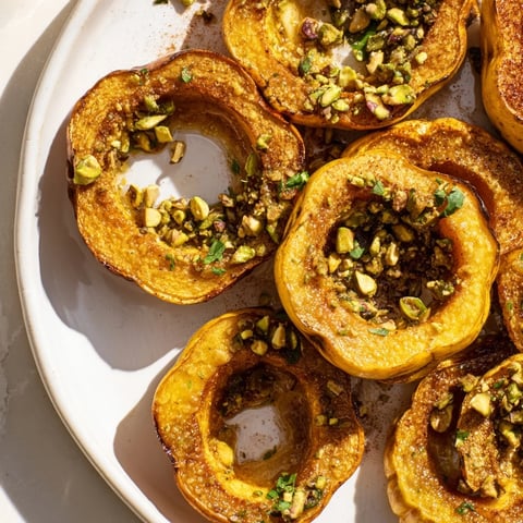 Golden Baked Delicata Squash Rings, glistening with maple syrup, and topped with crunchy pistachios.