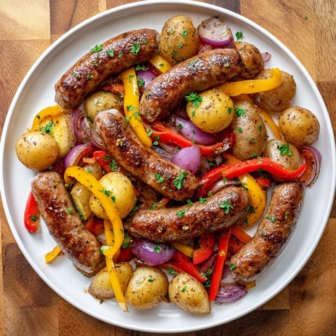 Sheet-Pan Sausage with Peppers showcases golden roasted potatoes and sizzling sausages for dinner.