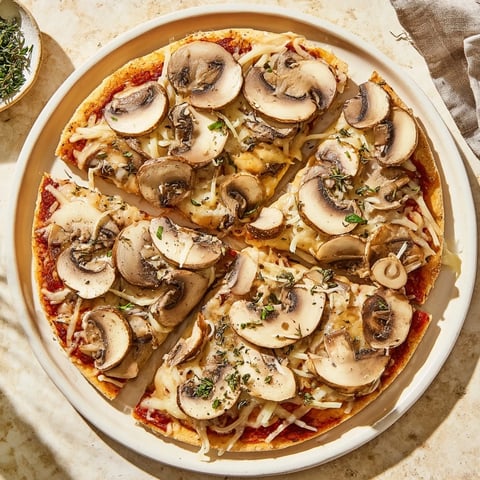 Golden, bubbly Frozen Pizza Upgrade topped with herbs, cheese, and savory mushrooms, ready to eat.