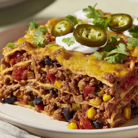 A steaming, cheesy Taco Lasagna, layered with hearty meat and vibrant vegetables, ready to serve.
