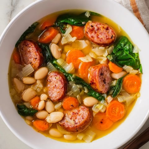 Steaming bowl of Simple Sausage and White Bean Soup, filled with sausage, beans, and vegetables.