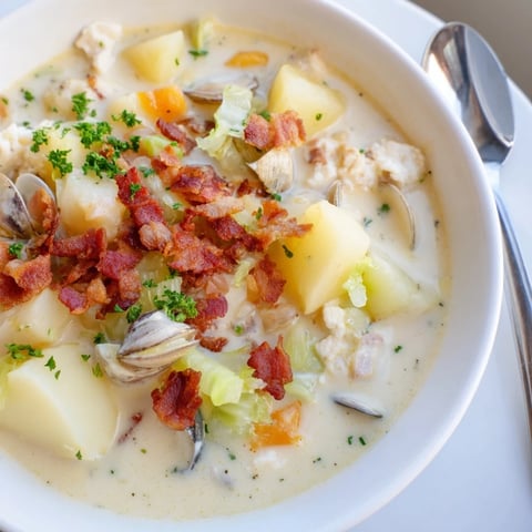 Creamy, steaming bowl of New England Clam Chowder with bacon, ready to be enjoyed.