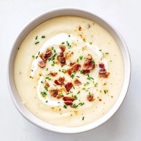 Steaming bowl of The Ultimate Baked Potato Soup topped with chives and crispy bacon bits.