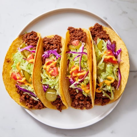 Golden-brown Viral Cheeseburger Tacos sizzling in a pan, filled with melted cheese and beef.