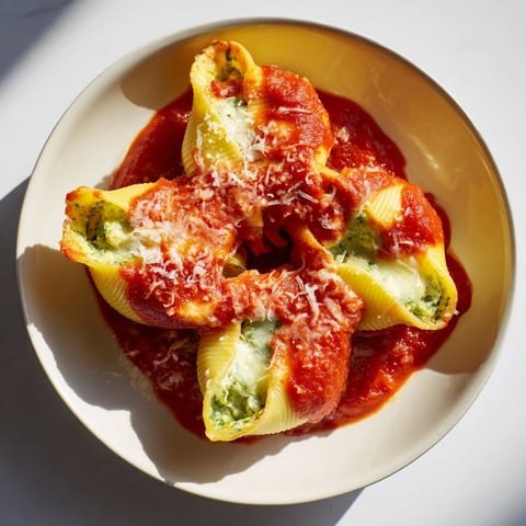 Pesto and Ricotta Stuffed Shells, bubbling golden brown, filled with a creamy cheese and pesto mixture.