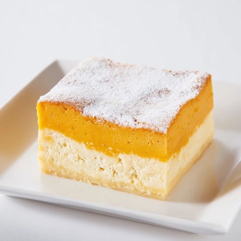 A slice of warm Simplified Pumpkin Magic Cake, dusted with powdered sugar and inviting.