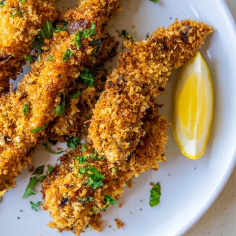 Golden-brown garlic Parmesan chicken tenders ready to serve with fresh parsley and lemon wedges.