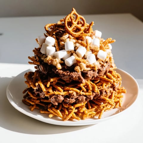 Golden-brown Haystack Candy Tower, a delightful dessert with crunchy noodles and melted butterscotch.