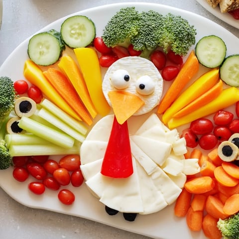 Vibrant turkey-shaped appetizer tray with fresh veggies, cheeses and crackers ready to enjoy.