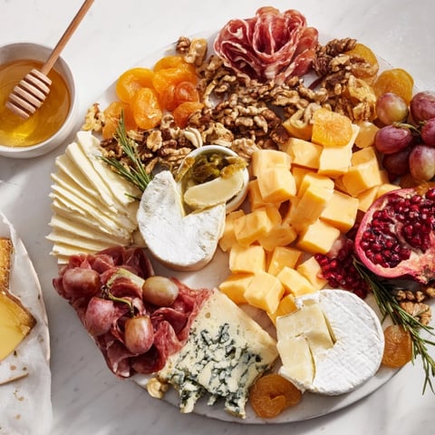 Brightly arranged Christmas 2025 Festive Grazing Board featuring cheeses, meats, fruits and holiday treats.