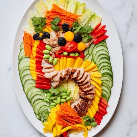 Lunar New Year Dragon Platter with colorful veggies and shrimp, ready for serving during celebrations.