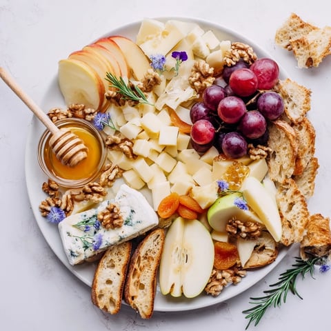 Honeycomb, Honey & Cheese Board arranged with tempting cheeses, fruits, and honeycomb drizzled.