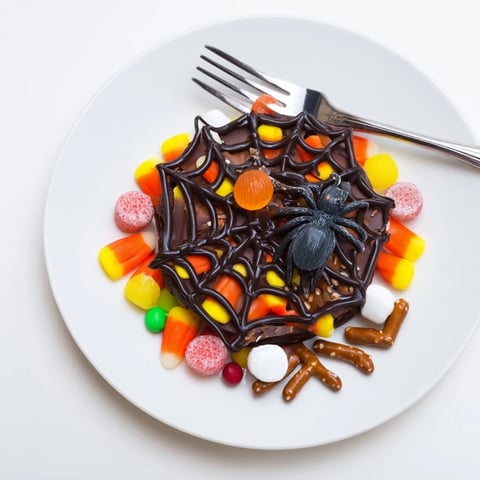 Glistening Spiderweb Candy Platter, packed with colorful candies and a dark chocolate spider web design.