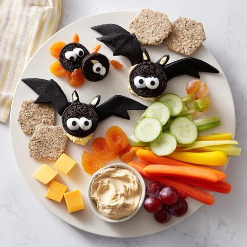 Flying Bat Halloween Snack Board with savory olive-eyed bats, colorful veggies, and sweet treats.