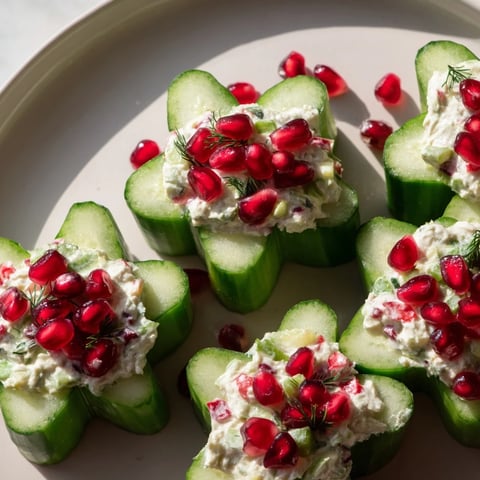 Festive winter salad: Snowflake cucumber cups, filled with creamy, tangy filling and vibrant garnishes.