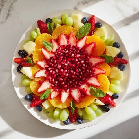 Bright red pomegranate arils in a starburst pattern, part of this vibrant Pomegranate Starburst Platter.