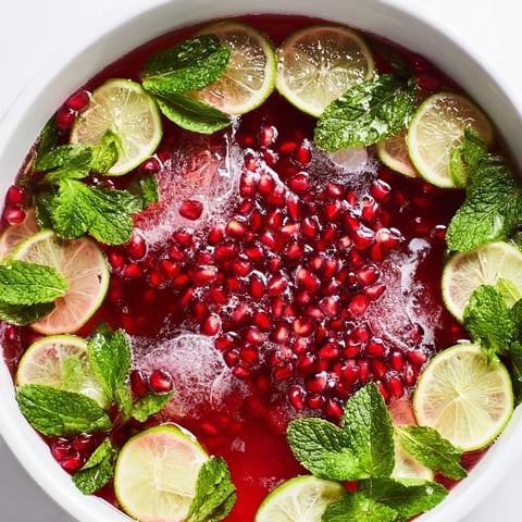 Festive pomegranate and mint wreath drink, garnished with glistening seeds and vibrant green mint leaves.
