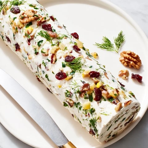 Creamy Winter Snowdrift Goat Cheese Log, richly coated, ready to serve with crackers, a festive party appetizer.