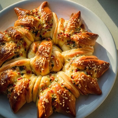 Golden, pull-apart star shaped garlic bread, richly flavored with herbs and cheese, ready to be enjoyed.