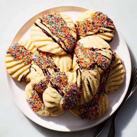 Golden-edged Spritz Cookies arranged in a layered fan, a delicious holiday cookie treat.