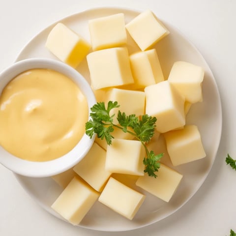 Gouda cheese cubes arranged on a platter, ready for dipping in creamy mustard dip.