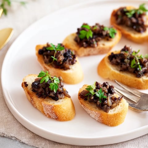 Golden crostini topped with rich black olive tapenade, a savory appetizer for friends.