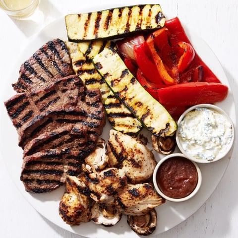 A Backyard BBQ Companion: a platter with grilled meats, vegetables, and creamy dips for sharing.