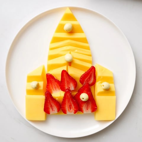The Retro Rocket snack platter sparkles with sharp cheddar cheese and vibrant strawberry flames.
