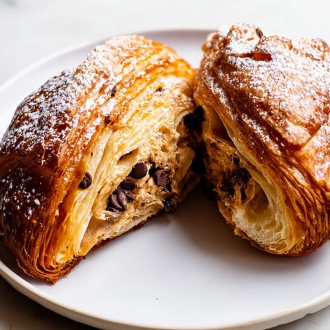 Flaky Cookie Croissant with golden edges and melty chocolate chip filling, perfect dessert.