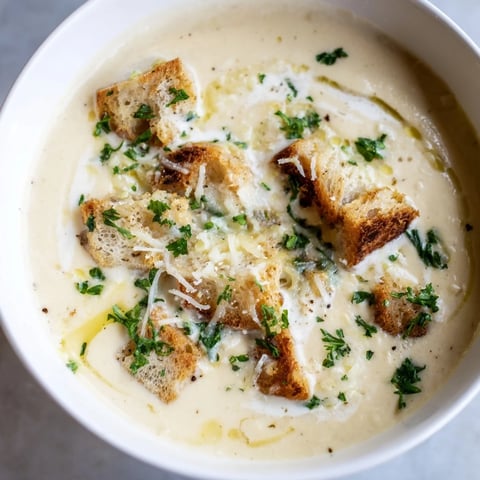 A steaming bowl of Creamy Garlic Bread Soup, topped with fresh parsley, looks delicious.