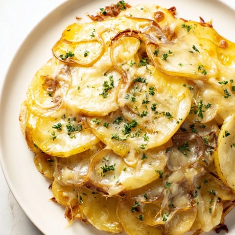 French Onion Soup Potatoes, a comforting side dish with bubbling, melted cheese and caramelized onions.