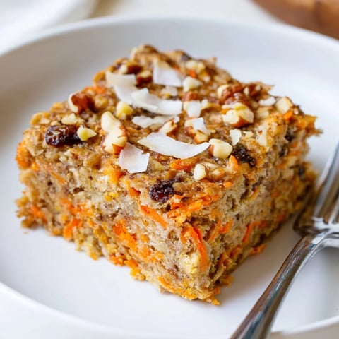 Golden-brown Carrot Cake Baked Oatmeal squares topped with chopped walnuts and shredded coconut.