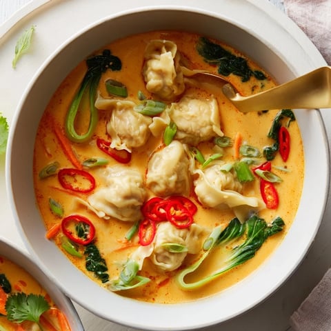 Steaming bowl of Red Curry Wonton Soup with greens, ginger, and cilantro garnish.  