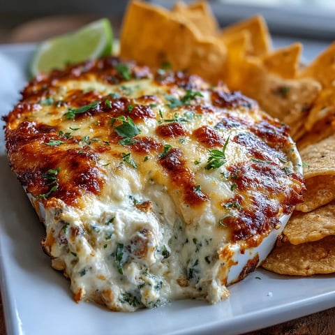 Creamy Cilantro and Lime Chicken Dip baked and garnished with fresh cilantro, served warm with crunchy tortilla scoops for dipping.
