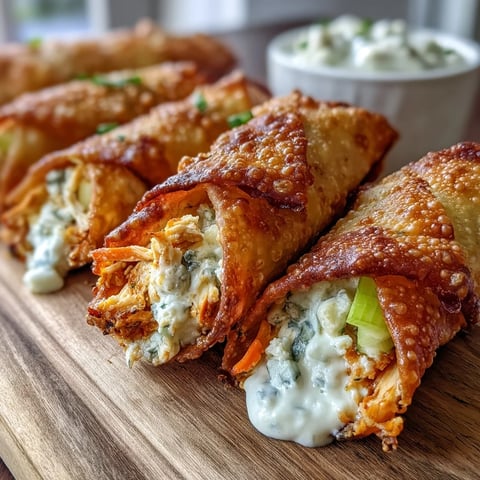 Freshly fried Buffalo Chicken Egg Rolls with a crispy, golden-brown wrapper served beside a bowl of ranch dressing.