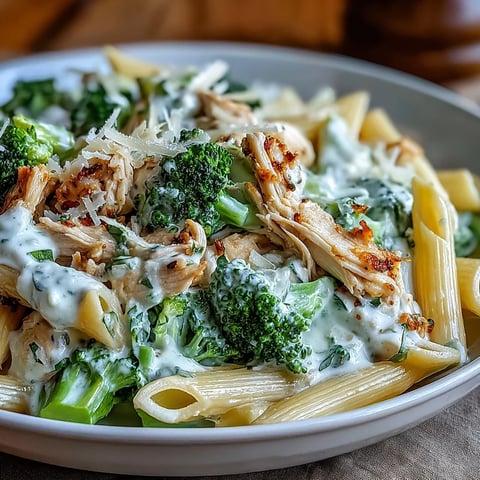 Creamy High Protein Rotisserie Chicken Broccoli Pasta in a skillet, garnished with fresh parsley and extra Parmesan.