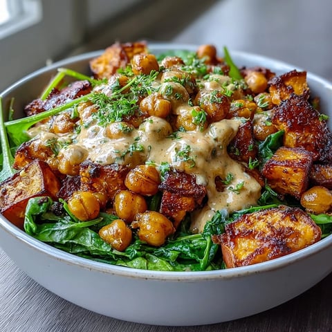 A close-up of a vibrant Roasted Sweet Potato and Chickpea Bowl topped with creamy avocado and a drizzle of smoky chipotle tahini.