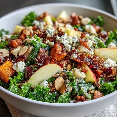 A vibrant Harvest Bowl with roasted sweet potatoes, massaged kale, wild rice, and tender sliced chicken, topped with crisp apples and creamy goat cheese.