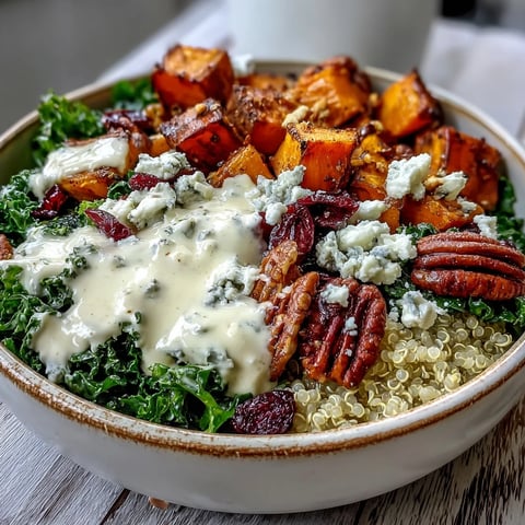 A vibrant Harvest Kale Quinoa Bowl with roasted sweet potatoes, fluffy quinoa, and a creamy lemon tahini dressing.