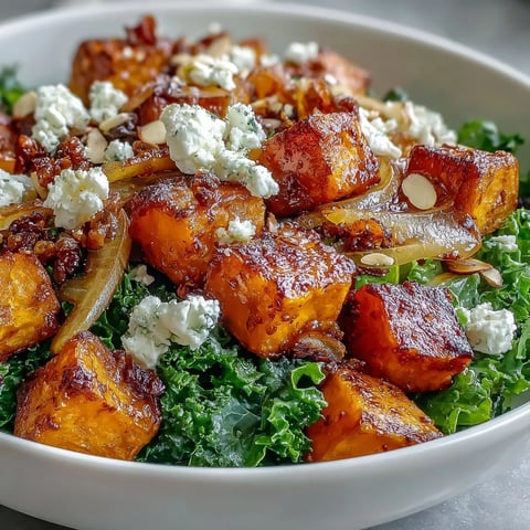 Overhead view of a Fall Sweet Potato Harvest Bowl with roasted chicken, caramelized sweet potatoes, kale, apples, almonds, and goat cheese.  