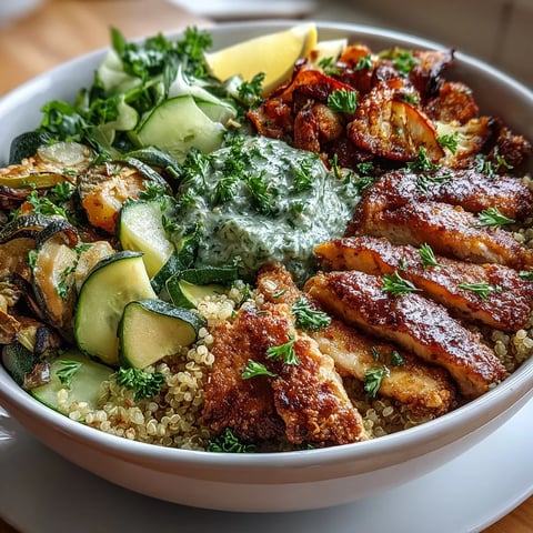 Golden pan-fried chicken and paprika-roasted vegetables top a fluffy quinoa base in this vibrant bowl.